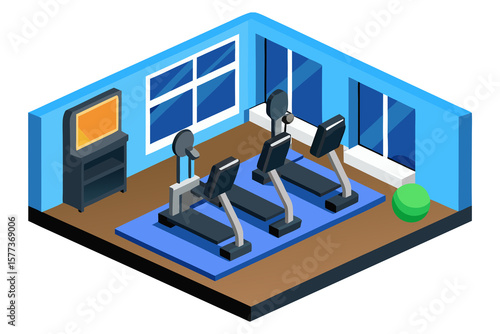 Isometric Gym Interior with Treadmills and Exercise Ball An Environment for Fitness and Physical Exercise Isometric Design