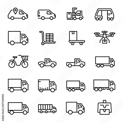 Collection of Black and White Line Icons Depicting Various Transportation Methods for Delivery and Logistics Including Trucks Vans Cars Bikes and Drones