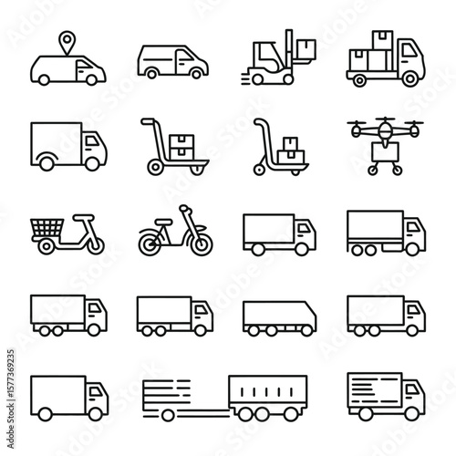 Collection of Black and White Line Icons Depicting Various Transportation Methods for Delivery and Logistics Including Trucks Vans Scooters Bikes Forklifts and Drones