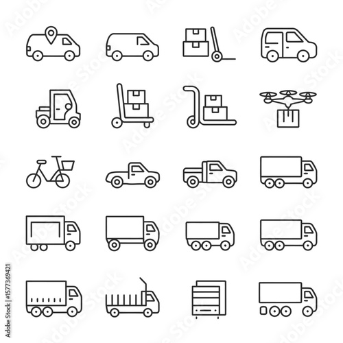 Collection of Black and White Line Icons Depicting Various Transportation Methods for Delivery and Logistics Including Vans Trucks Bikes Handcarts and Drones