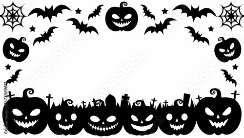 A spooky, dark autumn night illustration with a Halloween pumpkin frame, bats, and a black cat silhouette
