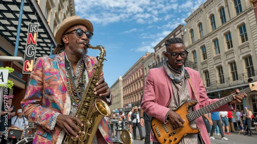 Stylish jazz band performing outdoors in city street in New Orleans, ideal for use in Vibrant Mardi Gras street parade, music festivals, and creative cultural campaigns. Jazz Appreciation Month.