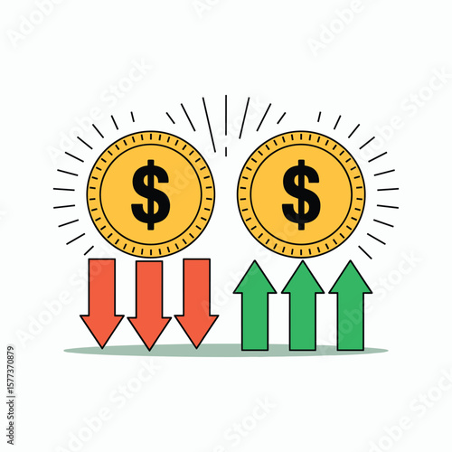 Dollar Coins with Up and Down Arrows, Financial Growth and Decline Concept, Economy Investment Stock Market Money Trend Flat Vector Illustration.