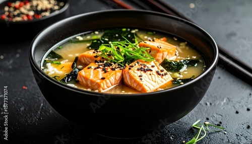 Miso Soup With Salmon In Black Bowl On Black Table
