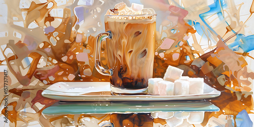 Coffee with Milk and Sugar Cubes on White Plate Against Abstract Background

