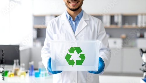 Scientist holding recycling bin (1)