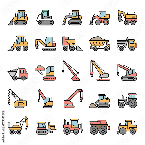 Collection of Colorful Line Icons Depicting Various Construction and Heavy Equipment Vehicles Including Excavators Bulldozers Dump Trucks and Cranes