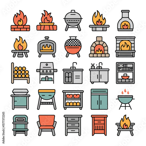 Collection of Colorful Line Icons Depicting Various Fireplaces Grills and Kitchen Furnishings Including Fire Pits Outdoor Grills Indoor Fireplaces Wood Stoves Brick Fireplaces