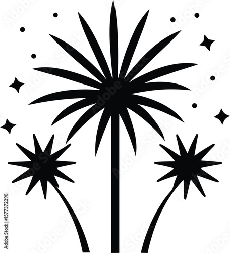 Enchanting silhouette of six firework explosions lighting up