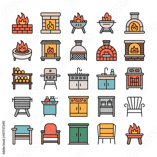 Collection of Colorful Line Icons Illustrating Diverse Fireplaces Grills Outdoor Furniture and Kitchen Cabinets Including Brick Fire Pits Wood Burning Stoves Gas Grills Pizza