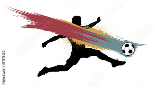 abstract soccer player hitting ball with color splash, isolated on transparent background