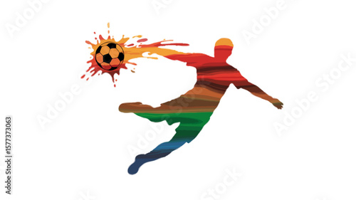 abstract soccer player hitting ball with color splash, isolated on transparent background