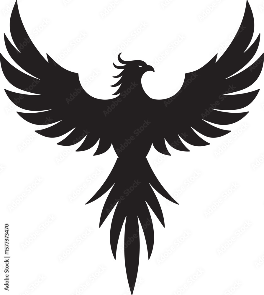 Elegant black silhouette of a phoenix with open wings symbolizing rebirth and freedom Elegant black silhouette of a phoenix with open wings symbolizing rebirth and freedom