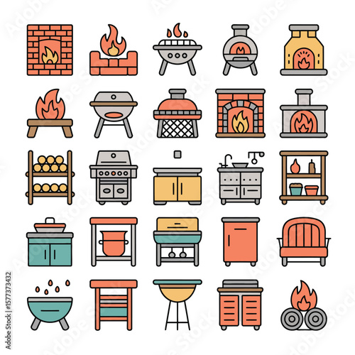 Collection of Orange Teal and Gray Line Art Icons Depicting Grills Fireplaces Outdoor Fire Pits Kitchen Cabinets and Cooking Appliances