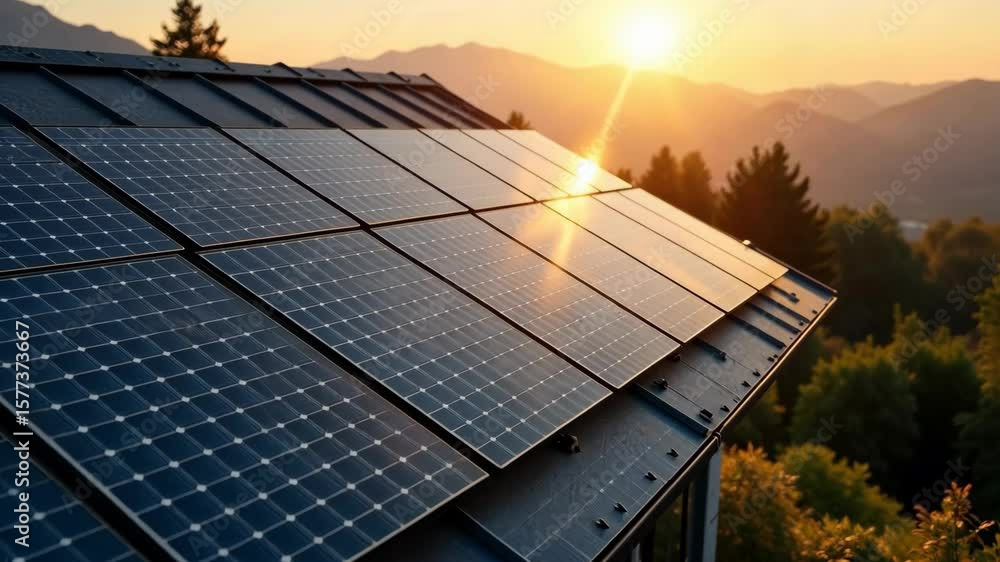 solar panels on modern house roof absorbing sunlight during golden hour on hillside surrounded by forest and mountain landscape, renewable energy, green building, sustainable