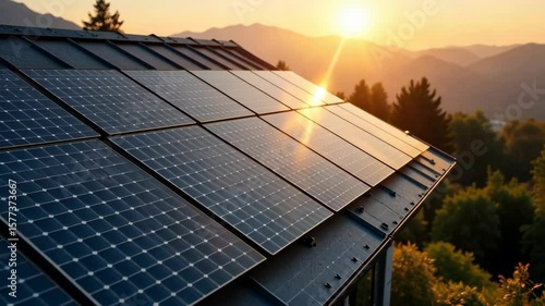 solar panels on modern house roof absorbing sunlight during golden hour on hillside surrounded by forest and mountain landscape, renewable energy, green building, sustainable