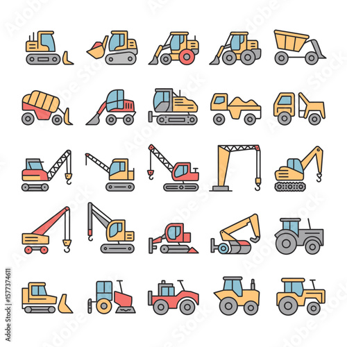 Collection of Thirty Line Icons Illustrating Diverse Construction and Agricultural Machinery Excavators Bulldozers Dump Trucks Cranes Tractors in Yellow Orange Red and Gray
