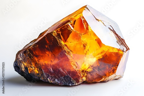 Raw Amber Crystal Stone on White Background – Natural Gemstone with Golden Hue, Healing Energy, Mineral Texture, and Organic Shine