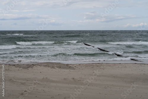 Wallpaper Mural Wellen branden am Strand des Ostseebads Dierhagen an einem stürmischen Sommertag. Der Strand wird von Buhnen geschützt. Im Hintergrund sind Wolken über der Ostsee zu sehen. Torontodigital.ca