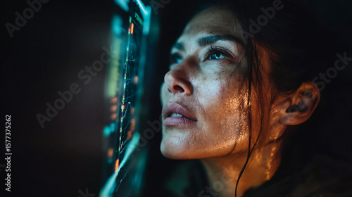 Intense woman observes a vibrant digital interface, her face illuminated by the data's glow.