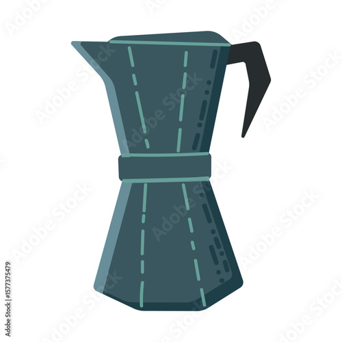 Flat vector illustration of a dark teal moka pot with a geometric shape and black handle. Hand drawn cartoon style. Isolated on white background. Suitable for coffee, kitchen and breakfast themed desi