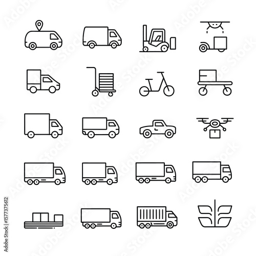 Collection of twenty black and white line art delivery icons depicting various transportation methods including trucks vans forklifts bicycles handcarts and drones illustrating