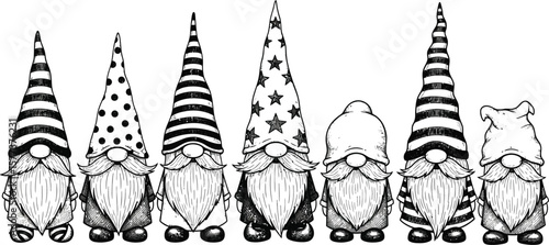 Seven gnomes standing in a row with different patterned hats black and white