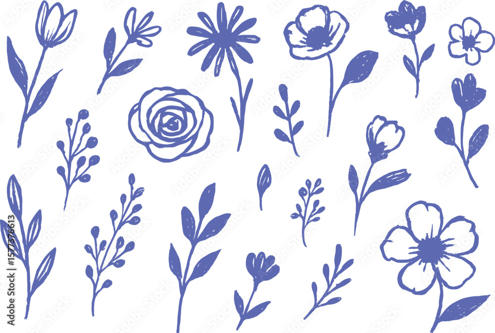 Fototapeta premium Contemporary Hand Drawn Wildflower Set – Minimal Botanical Vector Elements