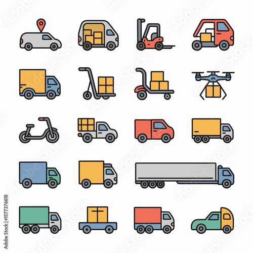 Colorful Collection of Delivery Vehicle Icons Including Trucks Vans Scooters Forklifts Hand Trucks and Drones Depicting Diverse Transportation Methods for Package and Goods Delivery