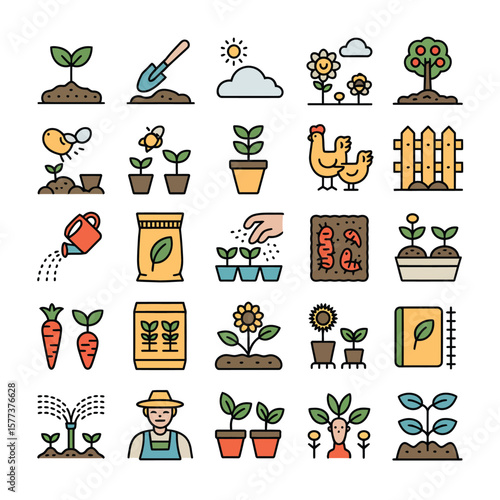 Colorful Flat Line Art Gardening Icons Collection Featuring Plants Seeds Tools Farm Animals Bright Hues Yellow Orange Green Brown