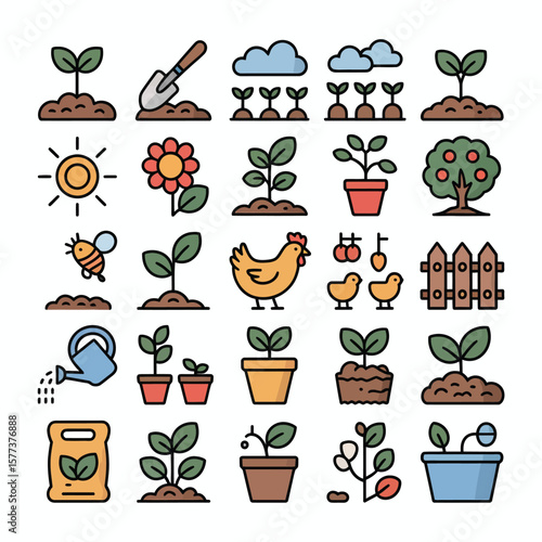Colorful Gardening Icons Collection Featuring Plants Seeds Flowers Chicken Watering Can Fertilizer Sun Bee and Wooden Fence