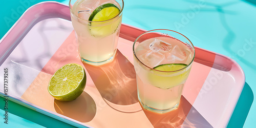 Refreshing Lime Drinks in Glasses with Whole Lime on Tray Against Blue Background

