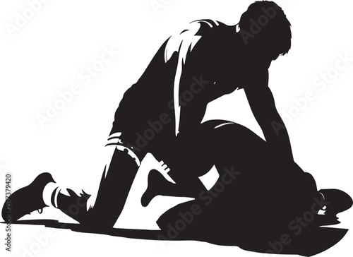 Dynamic black and white wrestling silhouette depicting action and aggression on a white background