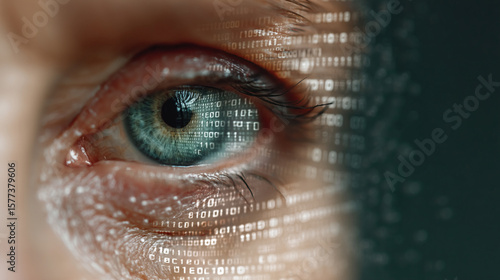 Human eye intricately intertwined with streams of glowing digital data, symbolizing future vision.