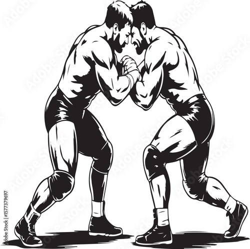 Wrestling match illustration depicting two muscular men engaging in close combat action