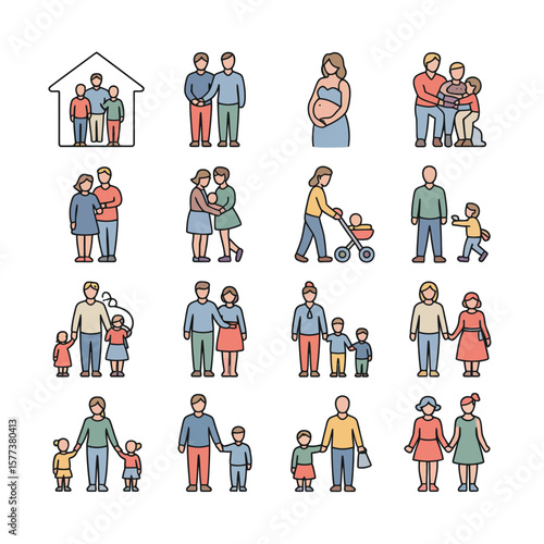 Colorful Line Art Illustrations Diverse Family Structures Parents Children Home Icon Set Various Family Types
