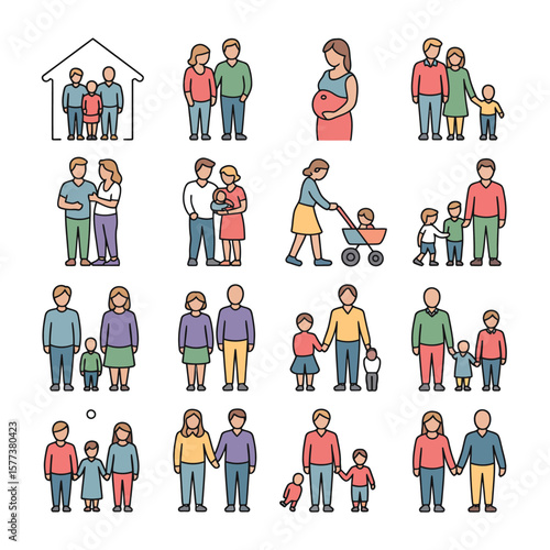 Colorful Line Art Illustrations of Diverse Families Parents Children Baby Stroller Home Icon Various Family Structures