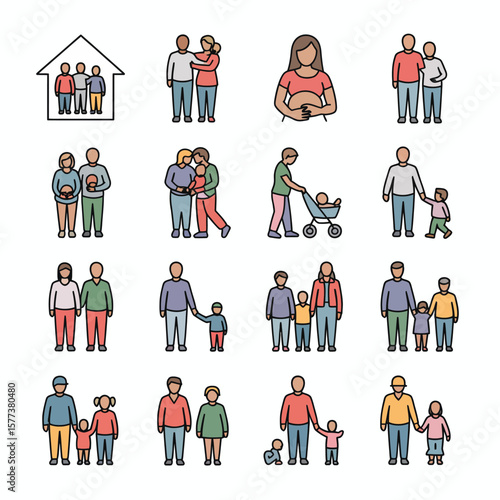Colorful Line Art Illustrations of Diverse Families Showing Various Family Structures Including Single Parents Same Sex Couples Pregnant Women and Families with Multiple Children