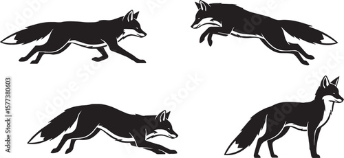 running fox silhouette vector, black and white fox in motion, minimalistic fox running illustration, fox sprint side view silhouette, wild fox in action vector, tribal fox running design, stylized fox