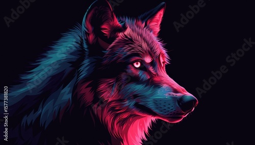 geometric wolf head, glowing pink eyes on a black background, symmetrical design, vector art style, black and white, dark background