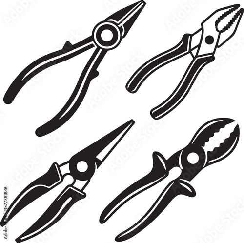 Collection of four stylized black silhouette pliers and cutters on a white background