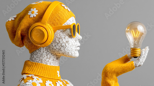 A creative mannequin figure in vibrant yellow knitwear holds an illuminated lightbulb, symbolizing bright ideas.