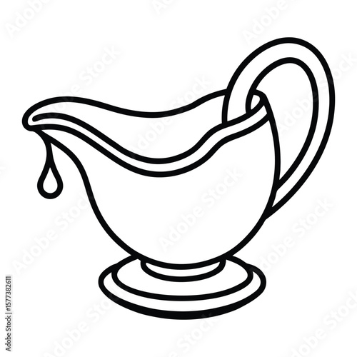 Minimalist line art illustration of a classic gravy boat with a smooth pour of rich sauce perfect for culinary and hospitality designs
