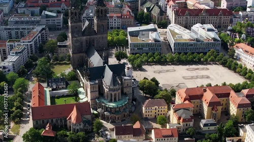 Aerial view around the old town in the city Magdeburg on an cloudy spring day in Germany