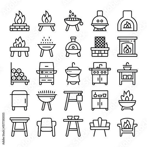 Thirty Black Line Icons Illustrating Diverse Outdoor Cooking Equipment and Furniture Including Grills Fireplaces Fire Pits Barbecues Stoves Tables and Chairs