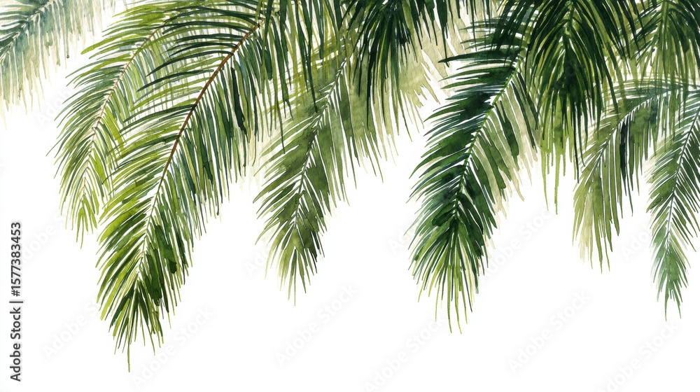 Watercolor painting of green palm leaves hanging down on a white background, nature wallpaper. Watercolor illustration background. Watercolor painting of green palm leaves hanging down on a white background, nature wallpaper. Watercolor illustration background.