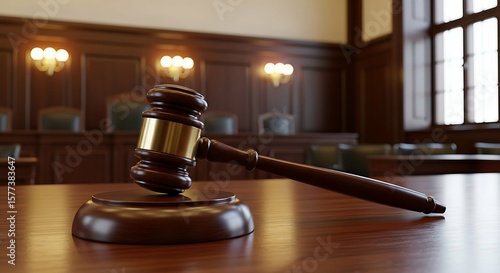 Wooden gavel resting on a courtroom table, symbolizing justice and legal proceedings.