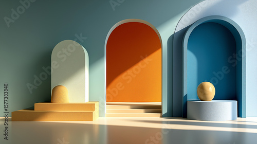 3D render with a minimal blue background featuring three podiums and a right-side arch. Soft pastel shadow from an arched window creates an elegant mockup for product presentation templates.
