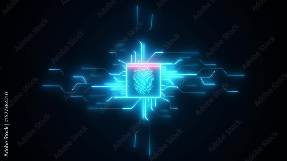 Fingerprint scanner with HUD Circle and HUD Line technology, A glowing fingerprint scanner is centered among circuits and technology elements,