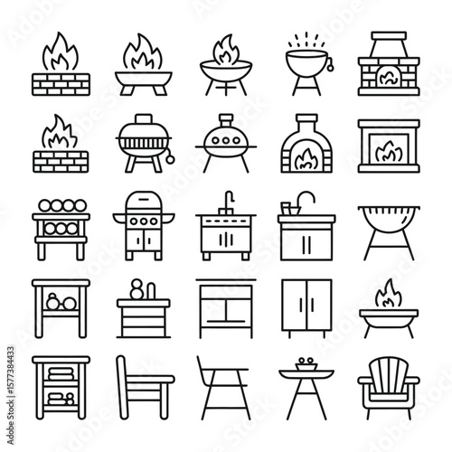 Thirty Black Outline Icons of Grills Fireplaces Outdoor Indoor Furniture and Kitchen Cabinets on White Background Collection